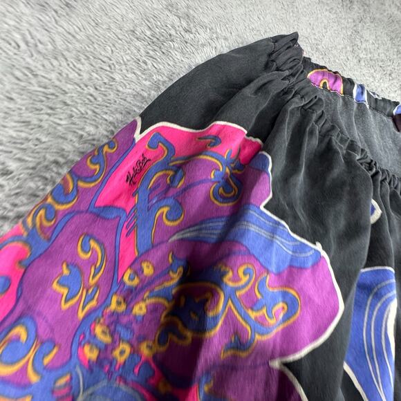 Hale Bob Silk Boho Dress XS Black Aqua Paisley Floral Bell Sleeve Off Shoulder - Picture 6 of 8